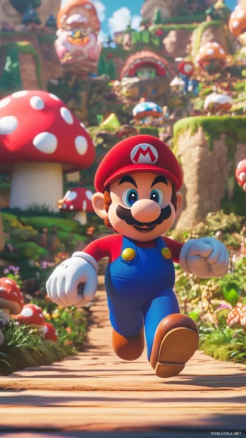 Mario Wallpaper for phones with power up mushrooms bouncing around a happy cartoon Mario.