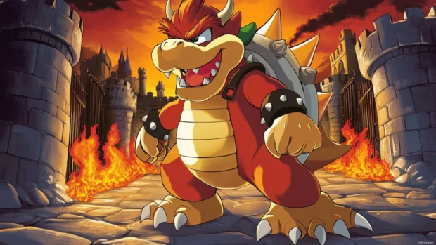 Mario Wallpaper highlighting a cheerful cartoon Bowser with lava background and castle gates.
