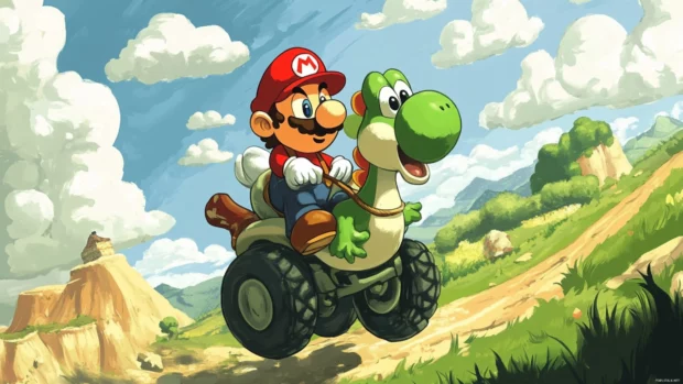 Mario Wallpaper in comic style showing Yoshi riding with Mario in a playful field.