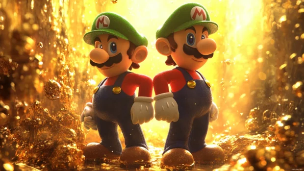 Mario and Luigi Wallpaper featuring both brothers standing back to back in a golden lit Mushroom Kingdom.