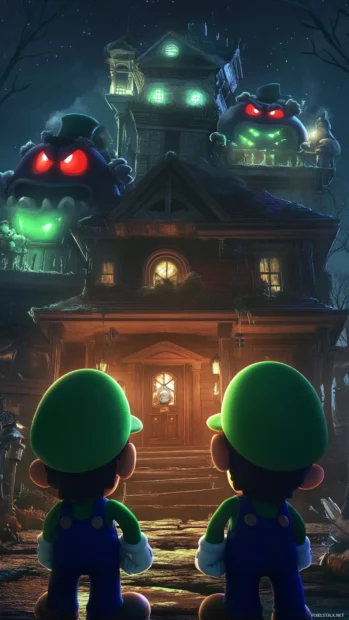 Mario and Luigi Wallpaper in a vertical format with both exploring a haunted house full of Boos.