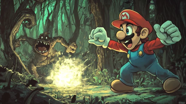 Mario and Luigi Wallpaper in comic style shading featuring a battle against Koopas in the forest.
