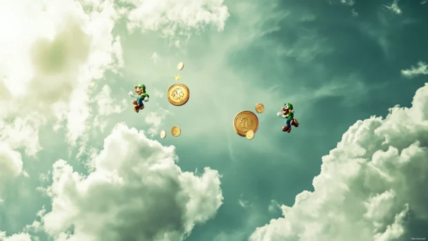 Mario and Luigi Wallpaper showing the brothers racing through a sky level with parachuting coins.