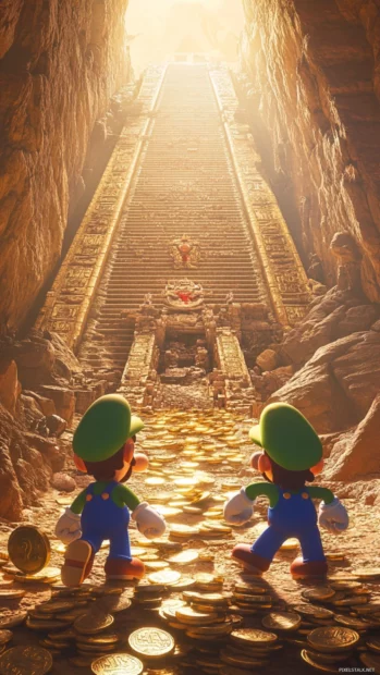 Mario and Luigi explore a pyramid filled with ancient coins and hidden traps.