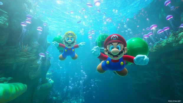 Mario and Luigi glide with propeller suits over a deep sea level filled with jellyfish.