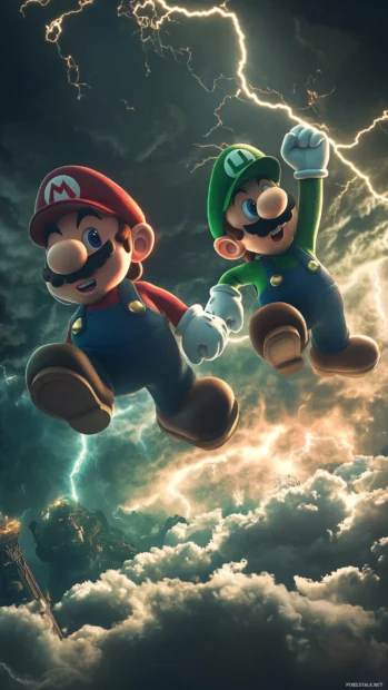 Mario and Luigi jump from cloud to cloud while lightning strikes illuminate the sky.