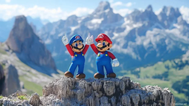 Mario and Luigi pose for a high five on top of a mountain after completing the stage.