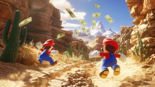 Mario and Luigi race across a desert canyon with cacti and bullet bills flying past.