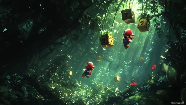 Mario and Luigi swing from vines inside a lush jungle filled with coin blocks.