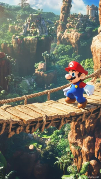 Mario and Toad crossing a rope bridge above the jungle, optimized for Super Mario iPhone Wallpapers.