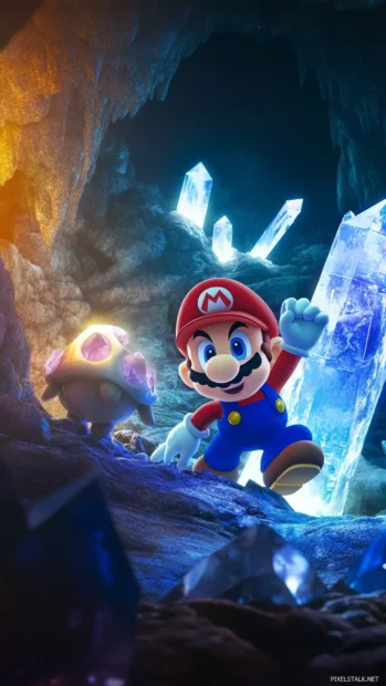 Mario and Toad exploring underground caves filled with crystals in a cartoon Mario Wallpaper.