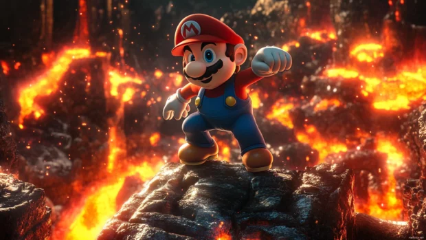 Mario balances atop a chain of moving thwomps in a chaotic lava.