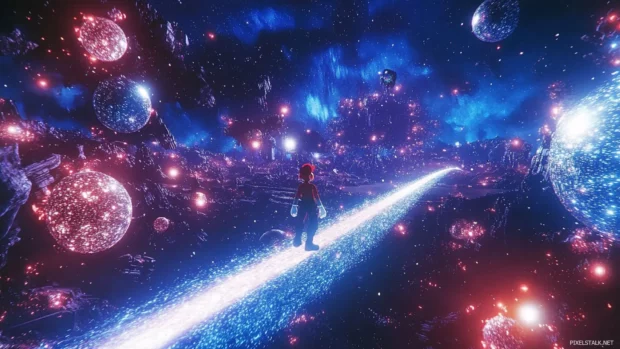 Mario balances on a thin line of light surrounded by floating stars and spinning orbs.