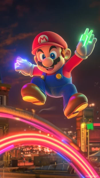 Mario balances on one hand as a neon aura surrounds him in midair over a rooftop.