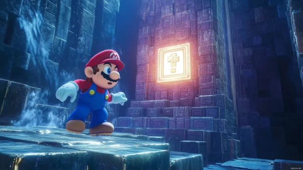 Mario builds a stack of blocks to reach a glowing door suspended mid air.