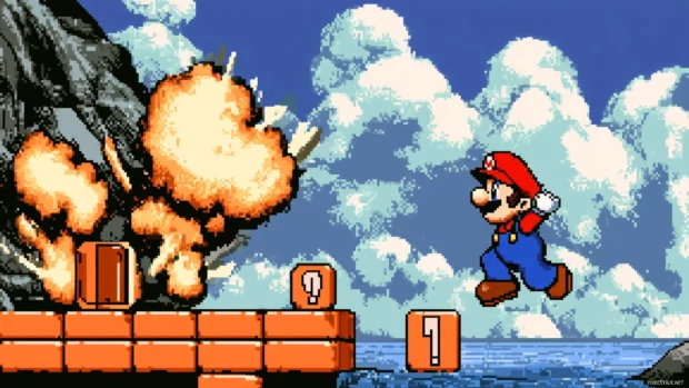 Mario dashes through a bonus stage full of spinning blocks and prize boxes in Super Mario World.