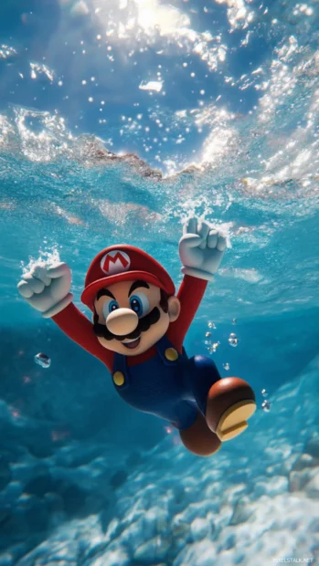 Mario diving into a clear blue ocean, a refreshing Super Mario aquatic level.