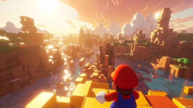 Mario dodging Bullet Bills in a sunset lit level of moving cartoon blocks.