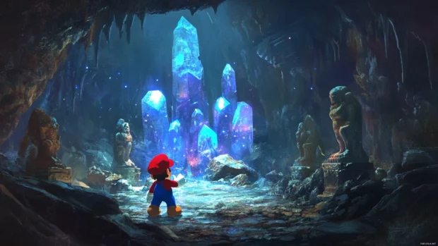 Mario explores a glowing cave filled with luminous crystals and ancient statues.