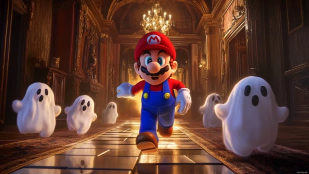 Mario faces a shifting tile maze surrounded by Boo ghosts in a haunted mansion.
