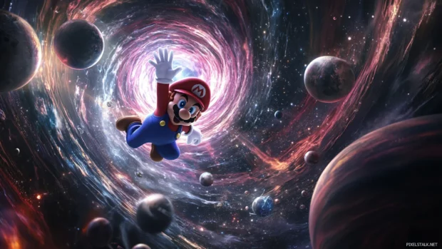 Mario flies headfirst into a wormhole as planets stretch and light bends around him.