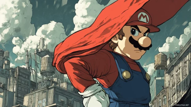 Mario gives a side glance with a confident smirk as wind lifts his cape over a city backdrop.