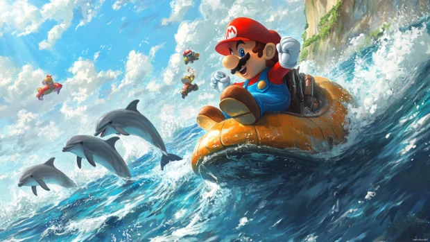 Mario glides over the sea in a Koopa shell with dolphins jumping nearby.