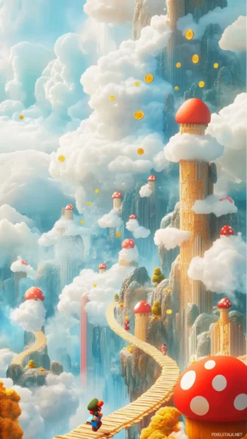 Mario glides past a series of floating clouds and coin trails in the vertical skies of Mushroom Kingdom.