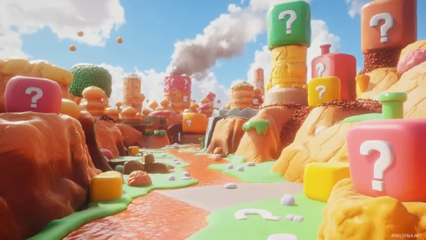 Mario in a cartoon world with candy colored hills and question mark blocks all around.