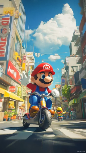 Mario in a cheerful cartoon city riding a scooter past waving Toads and shops.