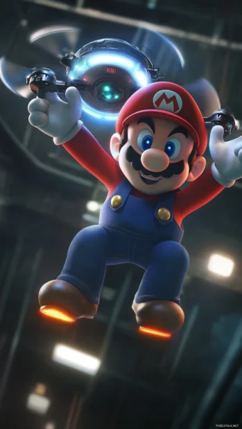 Mario in a cool pose with a hovering hat drone and electric boots in this Cool Mario Wallpaper.