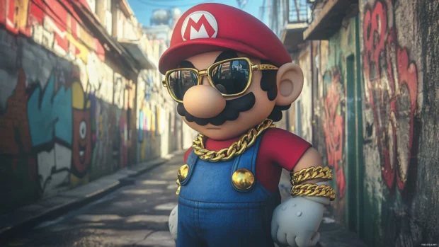 Mario in streetwear sunglasses and gold chain in a graffiti alleyway, perfect for Cool Mario Wallpaper.