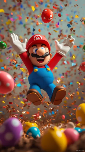 Mario jumping with joy surrounded by Yoshi eggs and party confetti in cartoon scene.