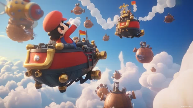 Mario landing on a cartoon airship surrounded by floating cannons and clouds.