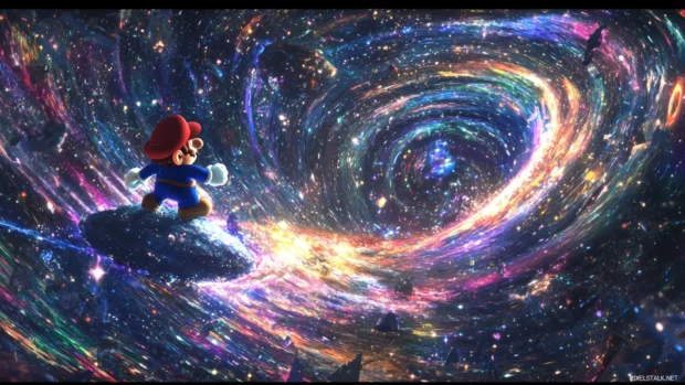 Mario launches from a glowing comet into a swirl of galaxies bursting with rainbow energy.