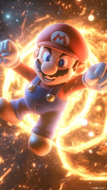 Mario launches upward with a glowing star spinning around him like a satellite.