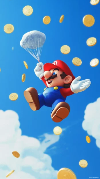 Mario launching out of a pipe into a blue sky with parachuting coins all around.