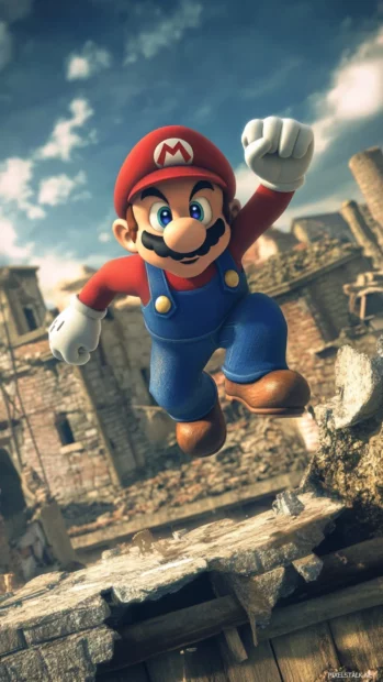 Mario performs a dramatic jump from a crumbling rooftop with style and confidence.