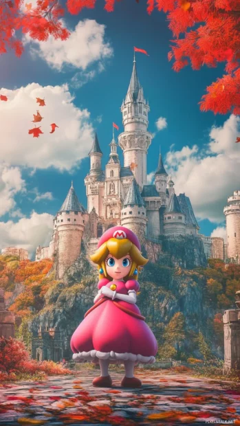 Mario phone wallpaper, with Princess Peach standing proudly in front of her castle, vibrant and detailed.