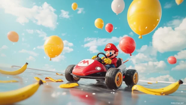 Mario racing in a kart across a floating highway with balloons and banana peels.