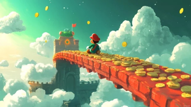 Mario rides Yoshi across a bridge of clouds and coins in a vivid cartoon landscape.
