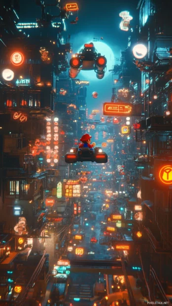 Mario rides a hover kart above a cityscape filled with floating traffic signs and lights.