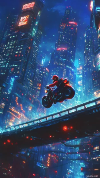 Mario rides a jet powered bike over a city bridge glowing in midnight hues.