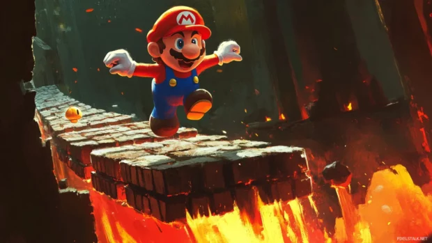 Mario running across a bridge of bricks with lava bubbling below in a cartoon fantasy.