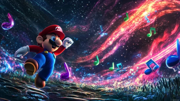 Mario runs across a field of bouncing musical notes under a swirling aurora.