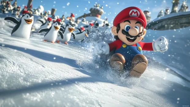 Mario slides down a frosty hill with penguins cheering in the background.