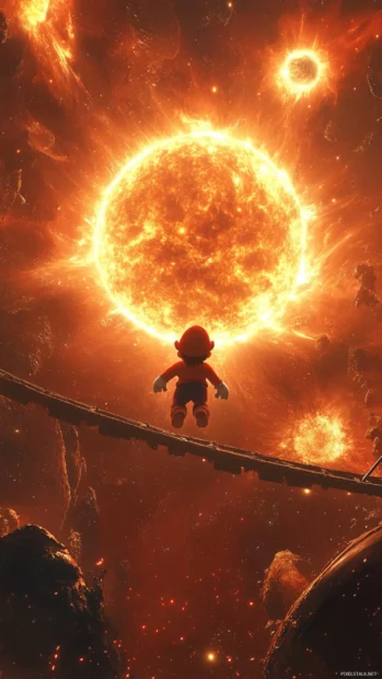 Mario somersaults across a nebula bridge suspended between two glowing suns.