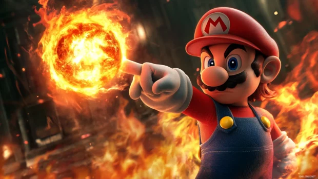 Mario spins a fireball on his fingertip while standing in front of a flaming logo.