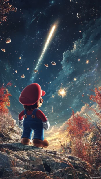 Mario spins gently between falling star fragments as a comet streaks across the sky.