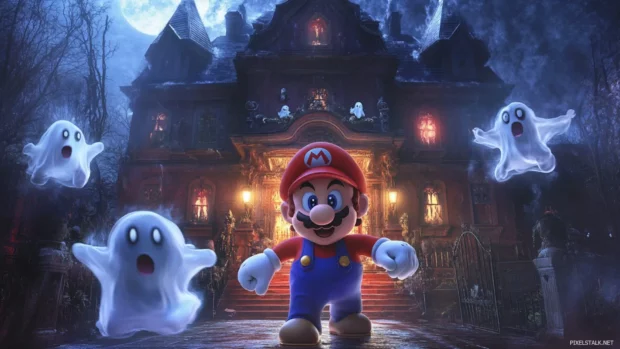 Mario standing at the entrance of a haunted mansion with cartoon ghosts in the air.